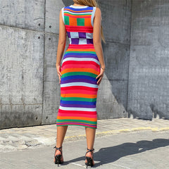 Women Fashion Sleeveless Striped Bodycon Streetwear Knitted Midi Dress Autumn Clothes Wholesale Items For Business voguable
