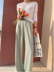 Spring Summer Women's Pants Casual Loose Black Straight High Waist Korean Silk Satin Wide Leg Trousers Female Fashion Pantalon voguable