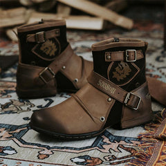 Men Retro Ankle Boots PU Colorblock Round Toe Fashion Versatile Street Retro Metal Buckle Side Zipper Classic Men Shoes voguable