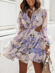Backless Long Sleeve Chiffon Blue Casual Women Spring Summer Short Dress Lace Up Purple A-line Ruffles Robe Dress voguable