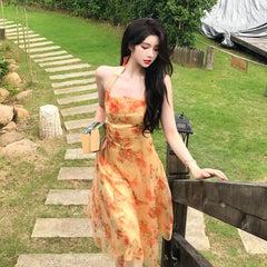 Voguable Women Midi Floral Halter Slip Dress Summer 2022 Vintage Painting Flowers Backless Casual Party Night Vacation Runway Vestidos voguable