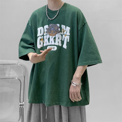 Korean Style Retro Washed Batik T Shirts Unisex Baggy Short Sleeved Harajuku Solid Cotton Breathability Printing Tees Casual Top voguable