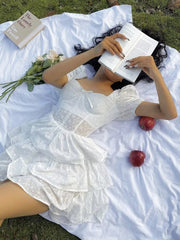 Bowknot Tiered White Lace Summer Short Dress for Petite Women Puff Sleeve Flower Embriodery Zip Mini Beach Party Vestido voguable