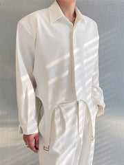 Personalized Lace-up Design Korean Style Men's Solid Colour Shirt 2023 New Concealed Button Lapel Fashionable Casual Tops voguable