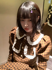 Spring Autumn Lace Plaid Suit New Elegant Short Plaid Coat Top + High Waist Skirt Long Skirt 2 Pcs voguable