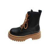 Boots Women New Flat Heel Shoes Round Toe Lace Up Lolita Ankle Med Ladies Autumn Rock Basic PVC Solid Short Plush Fabric La voguable