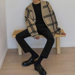 Autumn and Winter Sweater Men Retro Cardigan Loose Casual Korean V-neck Plaid Line Cardigan Sweater Men's Knit Winter Coats voguable