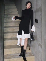 Korean Fashion Women Patchwork Knitted Sweater Dress Autumn New Solid Casual Vintage Ribbed Evening Vestidos Female Clothings voguable