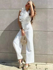 Big Flower Decoration White Summer Jumpsuit for Women O Neck Sleeveless Tank Party Overall Black New Office Romper voguable