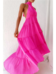 Bowknot Sexy Backless Rose Red Irregular Maxi Summer Women Sundress Tiered Fashion Solid Holiday Elastic Waist Vestido voguable