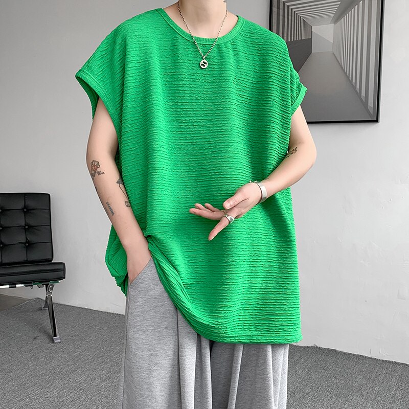 Summer Pleated T-shirt Men Fashion Casual Ice Silk T Shirt Street Dress Loose Sleeveless Tshirt Mens Vest Large Size M-5XL voguable
