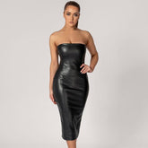 Women Sexy Strapless Tube Top Midi Dress Off Shoulder Bodycon Sexy Party Faux Leather Dress vestidos de mujer party dresses voguable