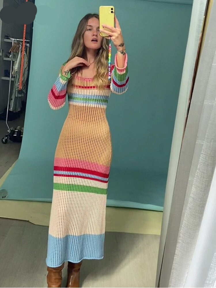 Voguable Multi Striped Crochet Midi Dresses Women Summer 2022 Scoop Neck Hollow Out Bodycon Dress Lady Holiday Festival Long Dress voguable