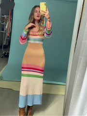 Voguable Multi Striped Crochet Midi Dresses Women Summer 2022 Scoop Neck Hollow Out Bodycon Dress Lady Holiday Festival Long Dress voguable