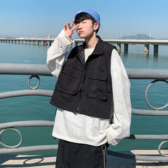 Cropped Vests Men Turn-down Collar High Street Techwear Tactic Sleeveless Jackets Spring Fashion Hip-hop Cargo Waistcoats Zipper voguable