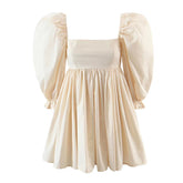 2022 Fashion Women Retro Beige Cotton Ball Gown Dress Elegant Ladies Puff Sleeve Party Mini Dresses Fairy Short Robe voguable