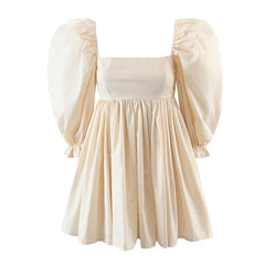 2022 Fashion Women Retro Beige Cotton Ball Gown Dress Elegant Ladies Puff Sleeve Party Mini Dresses Fairy Short Robe voguable