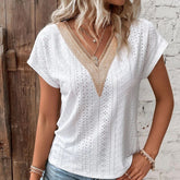 Summer Short Sleeve Fashion Women's Shirt V Neck Lace Hollow Out Stylish Tops Loose Casual Elegant and Youth Blouse Blusas voguable