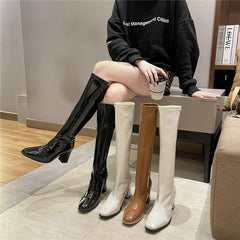 Women Boots Over Knee Female Shoes Zipper Boots-Women Over-the-Knee Ladies High Heel Autumn Leather Rubber White Rome Micro voguable