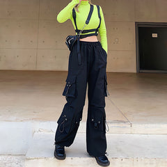 Black Cargo Pants Women Summer High Waist Hip Hop Loose Vintage Streetwear Grunge Y2k Punk Casual Straight Wide Leg Trousers voguable