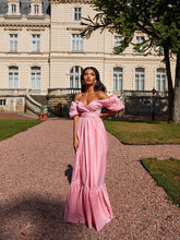 New Summer Women'S Dresses One Word Neck Bubble Short Sleeve Sexy Open Back Solid Color Dress Simple Pastoral Pink Tight Dress voguable