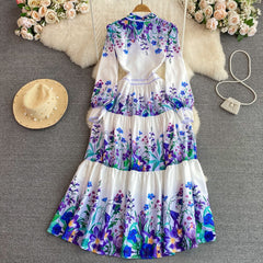 Summer Elegant Maxi Dresses for Women Printed Bow Big Swing Wave Cut Female Long Dress Chic Draped Blue/Pink/Green Fanshion voguable