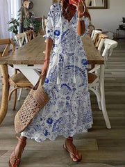 Casual Hollow Out V Neck White Lace Maxi Dress Vintage A-line Loose Embrioderied Floral Print Bohemian Long Sundress voguable