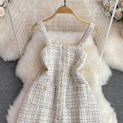 Autumn Sexy Tweed Dress for Women Sleeveless Bodycon Female Vestidos Chic Strap Single Breasted Tarf Female Vacation Runway New voguable