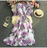 Summer Pleated Dress for Women Printed Puff Sleeve Round Neck Thin Chiffon Female Vestidos Chic and Elegant Belt Tarf New voguable