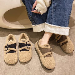 Round Toe Korean Shoes All-Match Women's Moccasins Loafers Fur Casual Female Sneakers Shallow Mouth Autumn Comfortable Wint voguable