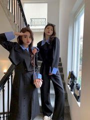 Women Splice Lapel Fashion Solid Short Blazer Coat Crop Top+Straight Pants Two Piece Sets Female Elegant Streetwear Outfits voguable