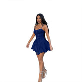 Voguable Spaghetti Straps Mini Dress Summer Strapless Women Lace Up Corset Imitation Denim Dress Ruffle Night Club Party Bandage Vestidos voguable