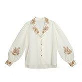 Blouse Women Elegant Retro Vintage Shirt Embroidered Floral Top Long Sleeve voguable
