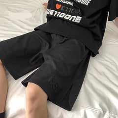 Summer New Korean Fashion Y2k Mens Shorts Baggy Straight Tube Embossed Seal Casual Short Pants Breeches Harajuku Elastic Waist voguable