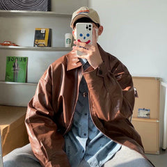 Voguable Pu Leather Jacket Men Brown Retro Motorcycle Jacket Autumn Korean Fashion Fried Street Loose Zipper Bomber Jacket Learher Coats voguable