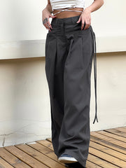 Shirring Casual Wide Leg Pants Women High Waist Street Basic Loose Sweat Trousers Korean Retro Gray Office Lady Pants voguable