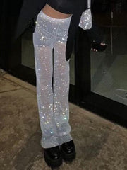 High Waist White Rhinestones Shining Long Wide Leg Pants New Loose Fit Trousers Women Fashion Spring Autumn voguable