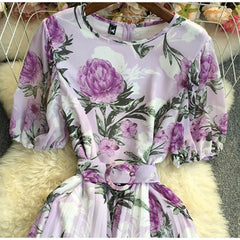 Summer Pleated Dress for Women Printed Puff Sleeve Round Neck Thin Chiffon Female Vestidos Chic and Elegant Belt Tarf New voguable