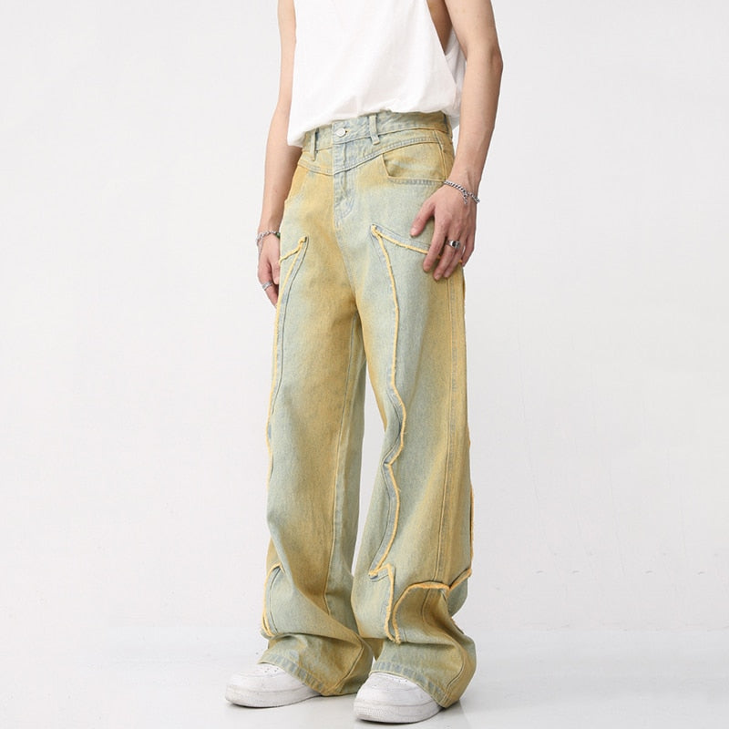 High Street Male Fashion Vintage Jeans Trendy American Style Gradient Straight Denim Pants New Men's Burrs Trousers 9A8589 voguable