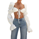 Newly Women's Casual Puff Sleeve Streetwear T-shirt Fashion Solid Color Lace-up Square Neck Long Sleeve Sexy Crop Top voguable