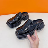Mules For Women Shoes Female Slippers Platform Cover Toe Square heel Loafers Low Slides New Block Flat Hoof Heels Retro PU voguable
