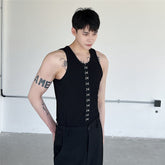 Summer Men's Vest Personalized Metal Button Decorative Slim Top Fashion Solid Color Round Neck Simple Male Tops voguable