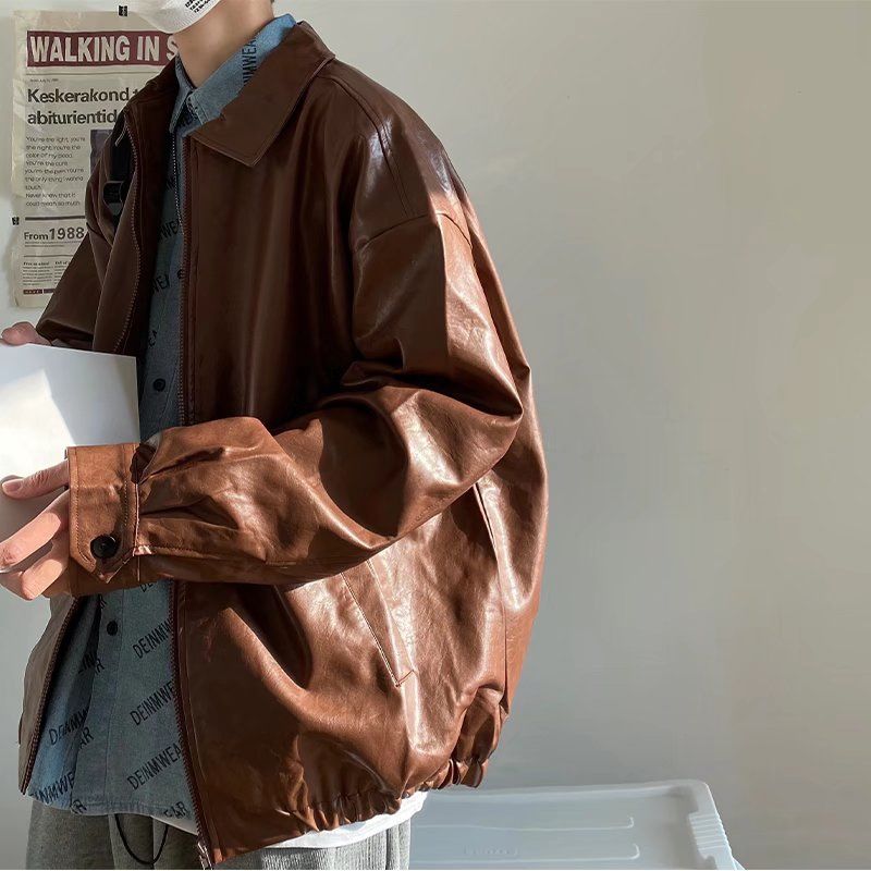 Voguable Pu Leather Jacket Men Brown Retro Motorcycle Jacket Autumn Korean Fashion Fried Street Loose Zipper Bomber Jacket Learher Coats voguable