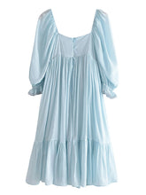 2022 Fashion Women Vintage Sky Blue Puff Sleeve Dress Sweet Lace Trim Square Neck Pleated Ladies Dress Midi Robe voguable