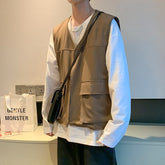 Vests Men Big Pockets Korean Style Loose Handsome Autumn Trendy All-match Solid V-neck Clothing Harajuku Stylish Leisure Male voguable