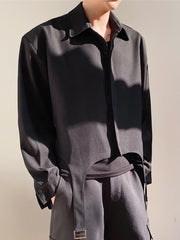 Personalized Lace-up Design Korean Style Men's Solid Colour Shirt 2023 New Concealed Button Lapel Fashionable Casual Tops voguable