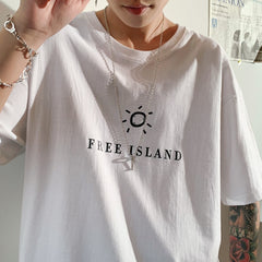Free Island Pure Cotton Men Tshirt Short Sleeve Sun Graphic Oversize T-shirt Summer Man T shirt Men's Clothing voguable