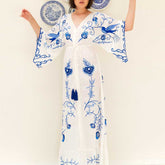 Floral bireds embroidered maxi dress V-neck batwing sleeve tunic summer beach dress for women tassle tied buttos voguable