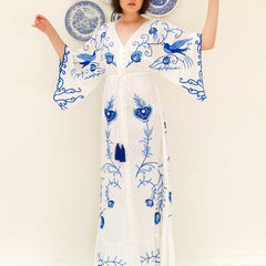 Floral bireds embroidered maxi dress V-neck batwing sleeve tunic summer beach dress for women tassle tied buttos voguable