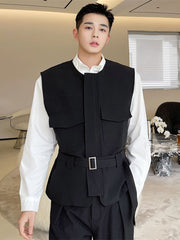 Men's Wear Korean Trendy Girdle Vest Male New Autumn Round Collar Sinel Breasted Sleeveless Clothing With Belt voguable